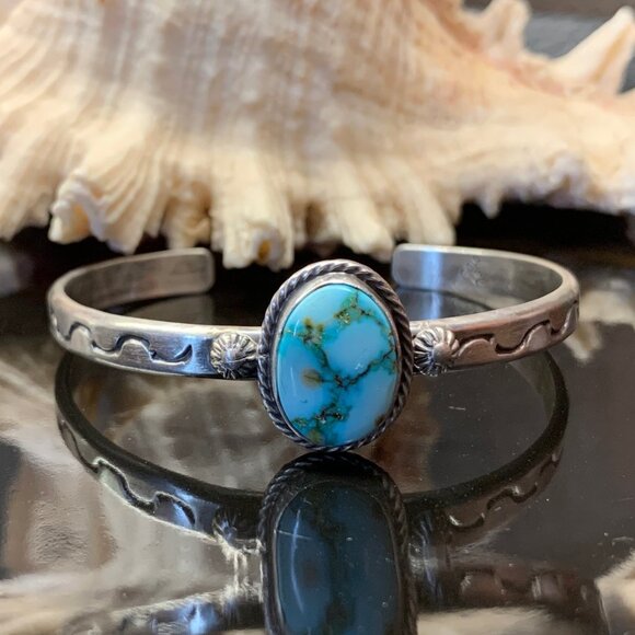 Sonora Gold Turquoise Sterling Silver Navajo Cuff Bracelet  by Samuel Yellowhair - Picture 5 of 6